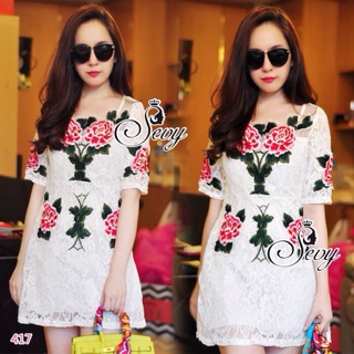 🎉Sevy Embroidered Rose Garden Die-Cut Collar Lace Mini Dress  Fabric: France Lace (เนื้อผ้าลูกไม้ฝร