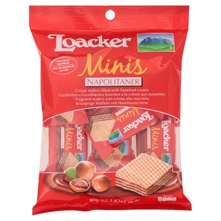 ✨นาทีทอง✨ ล็อคเกอร์ มินิส์ นาโปลิเทนเนอร์ เวเฟอร์สอดไส้ครีมเฮเซลนัท 80กรัม Loacker Minis Napolitaner Crispy Wafers Fille