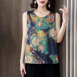 รุ่น-324เสื้อกั๊กคอกลมสตรีเสื้อแขนกุดลายดอกไม้ผ้ายืด สวมใส่สบายพร้อมส่ง