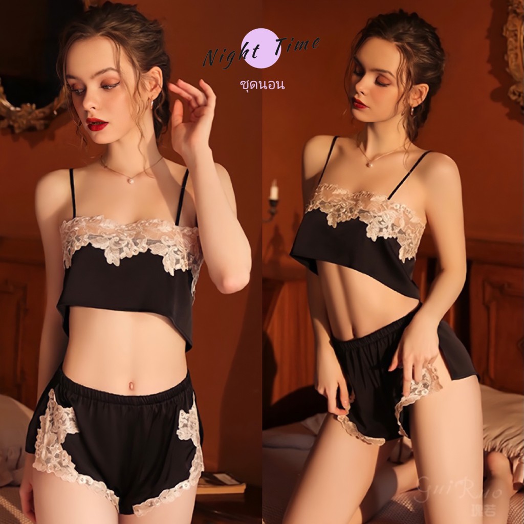 ชุดนอนผู้หญิง ชุดนอนเสื้อกางเกง แบบผ้าซาตินลูกไม้ปักอก N-410 ขายส่ง