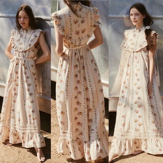 Maxi dress ทรงปล่อย ผูกเอว แขนระบายลายดอก