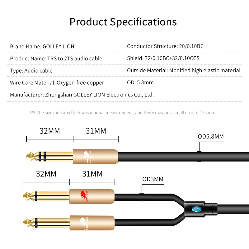 Golley LION 1/4 นิ้ว TRS สเตอริโอเป็น Dual 1/4 นิ้ว TS รูปที่ 8