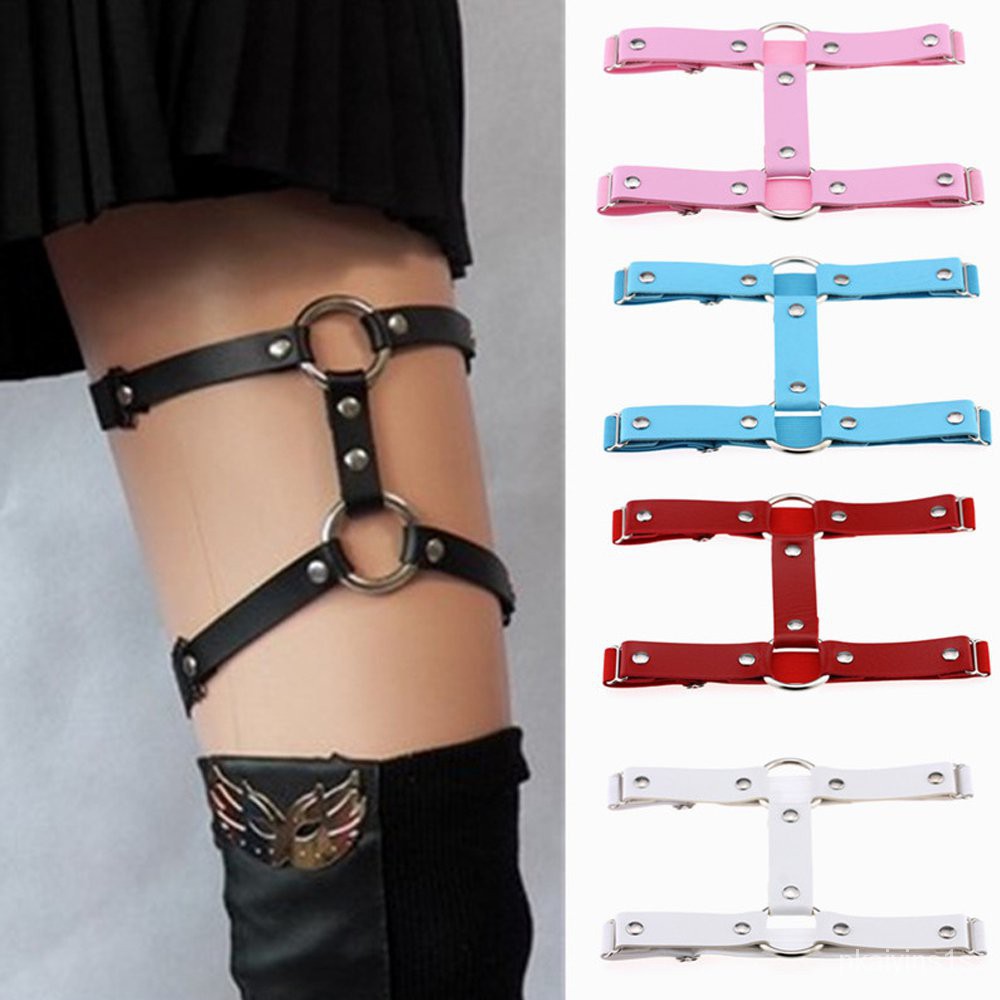 Adjustable Elastice 2 Rows Leather Leg Harness Garter Belt Punk Gothic Thigh Ring Garter 