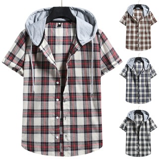 เสื้อเชิ้ตแขนสั้นทรงหลวมสำหรับฤดูร้อน เสื้อเชิ้ตลายสก็อตมีฮู้ด เสื้อเชิ้ตลำลอง