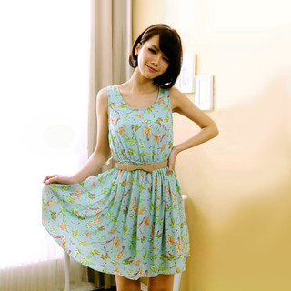 CLEARANCE! ชุดเดรสชีฟองแฟชั่นเกาหลี  พิมพ์ลายนกแก้ว dress (สีเขียว) e770