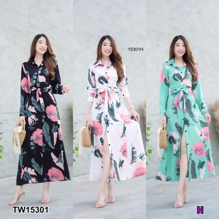 Maxi Dress แม็กซี่เดรสแขนยาวคอปกเชิต TW15301