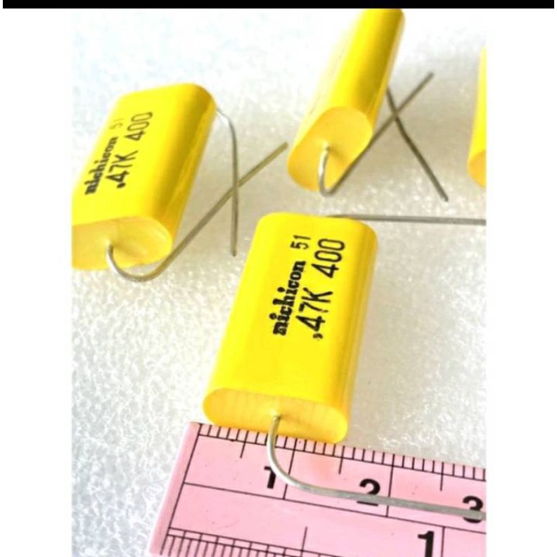 แพ็ค2ตัว) 0.47K 400V 474K 470nF คาปาซิเตอร์ nichicon JAPAN แท้ใหม่แกะกล่อง Cหางหนูสีเหลือง C0.47UF40