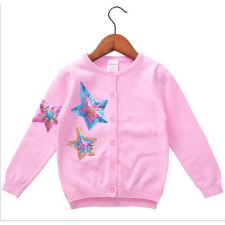 เสื้อแขนยาว ไหมพรม  แคดิแกน ลายดาว สีชมพู