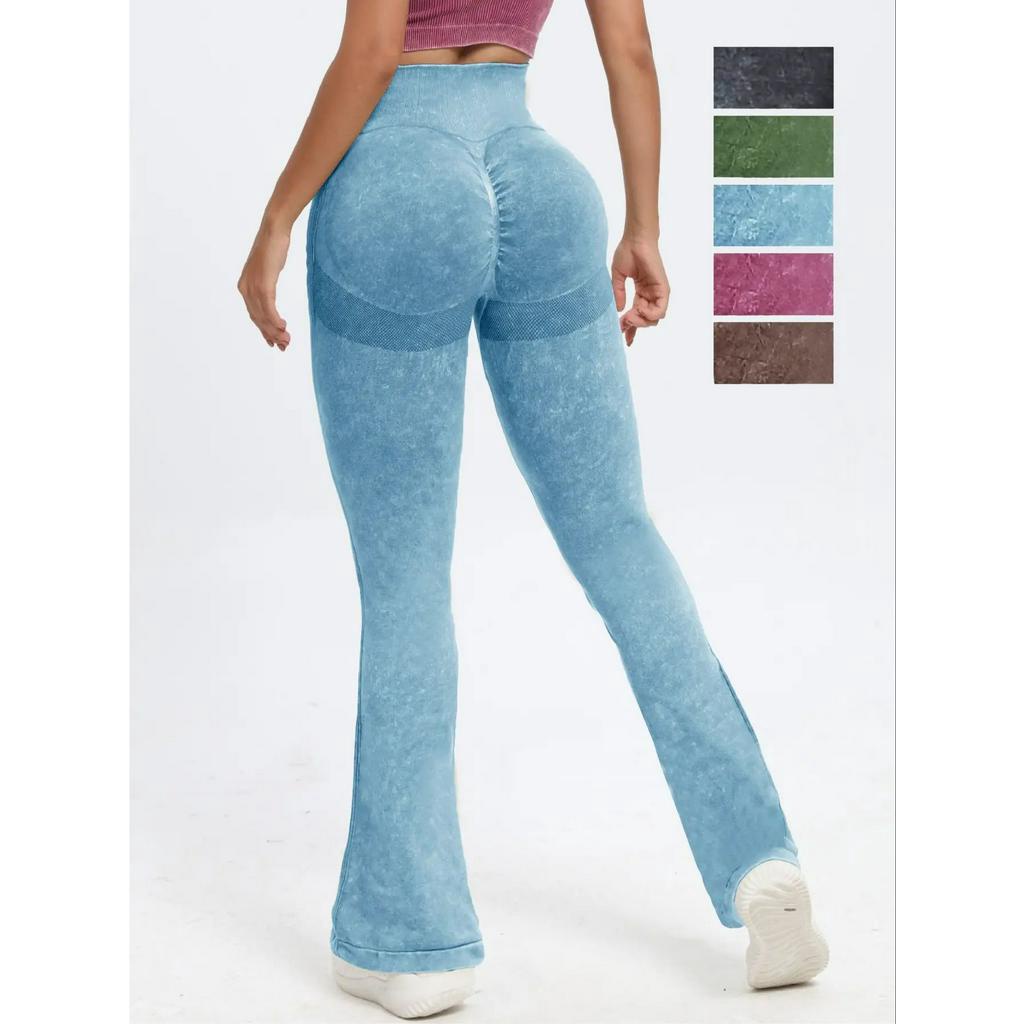 ชุดกีฬาผู้หญิงสไตล์ใหม่ฟิตเนสพิลาทิสชุดฝึกซ้อม Flared Leggings ล้าง Frosted