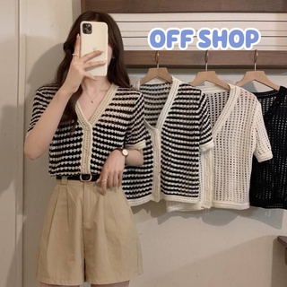 OFF SHOP พร้อมส่ง(32103) เสื้อถักไหมพรมแขนสั้น ดีเทลถักตาข่ายกำลังมากแรง