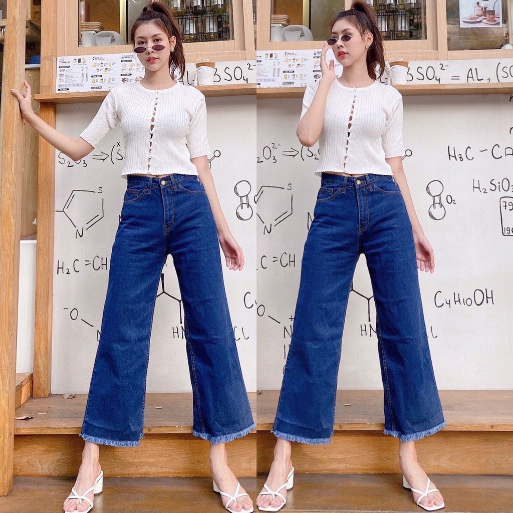 Cc jeans XXL 025 กางเกงยีนส์ผู้หญิงแฟชั่น เอวสูง ขากว้าง ขาตัดรุ่ย กางเกงผู้หญิง
