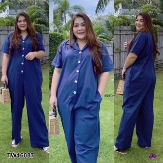 TW16087 Jumpsuit #BigSize จั๊มสูทขายาว คอปกกระดุมหน้า แขนสั้น กางเกงมีกระเป๋าล้วงข้าง เนื้อผ้าพื้นลินินผสมคอตตอล