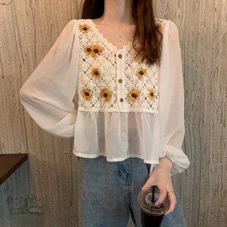 Cicishop(พร้อมส่ง)NEW IN เสื้อครอปผ้าถักงานปักดอกทานตะวันชายเสื้อซีทรูตะมุตะมิน่ารักมากๆ(A19/A199)
