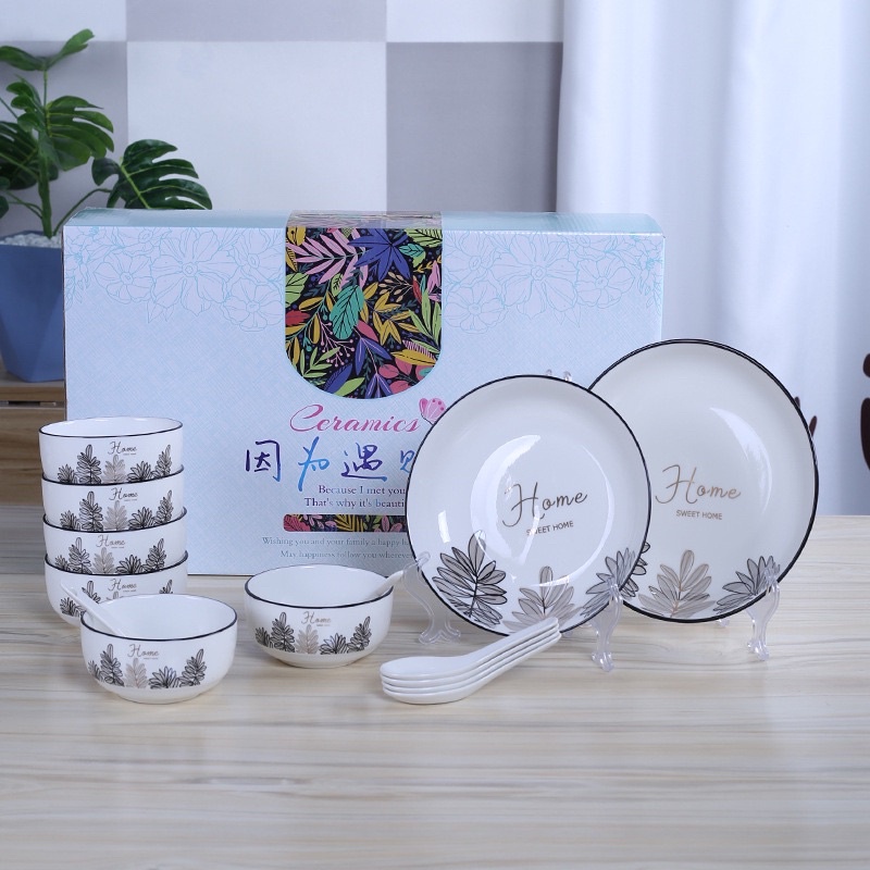 BAIFA ชุดจานชามเซรามิก ลายใบไม้ สไตล์ยุโรป จานลายเซรามิก 1เซ็ตมี 9-14ชิ้น