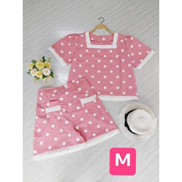 ชุดเซ็ทกางเกงขาสั้น สาวอวบ Polka dot สีชมพู