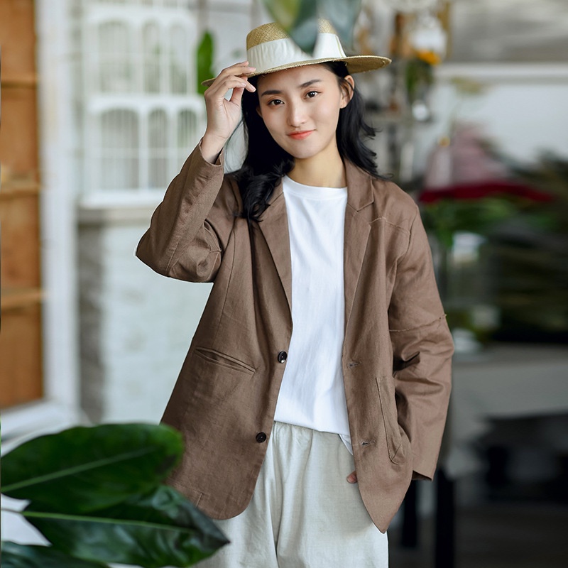 Qimei วรรณกรรมผ้าฝ้ายและผ้าลินินของผู้หญิง 2021 ฤดูใบไม้ผลิใหม่เสื้อสูทหญิงสีทึบหลวมเดิมชุดเล็กๆสบายๆ