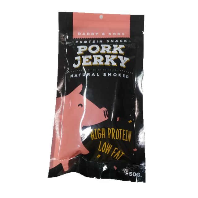 โปรตีนแท่ง หมูรมควัน พอร์ค แอนด์ เจอกี้ หมูแท่ง หมูอบกรอบ Daddy & Son Natural Smoked Pork Jerky #FLND
