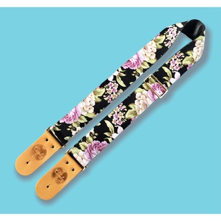 สายสะพายกีต้า ดอกไม้ม่วง หนังแท้ , Purple Flora Guitar strap