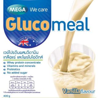 Exp.07/2021 Mega We care Glucomeal 400g เวย์โปรตีนผสมวิตามิน เกลือแร่ และโพรไบโอติกส์ เหมาะสำหรับผู้ป่วยเบาหวาน