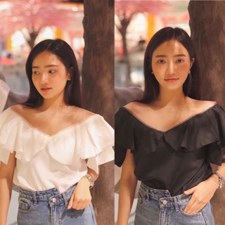 เสื้อคอกว้างซีทรู สี ขาว ดำ