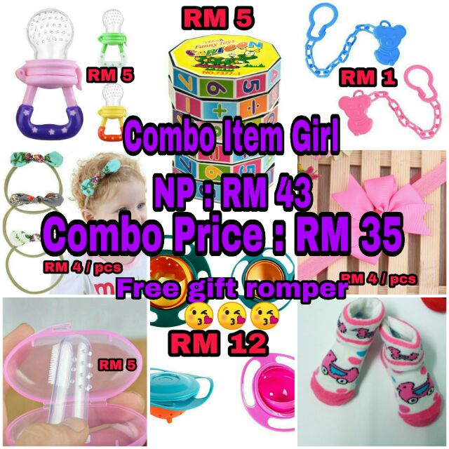 Combo Girl 8 in 1 (เด็กทารก stokin, ที่คาดผม, ที่ป้อนผลไม้, ชาม, berus gigi baby)