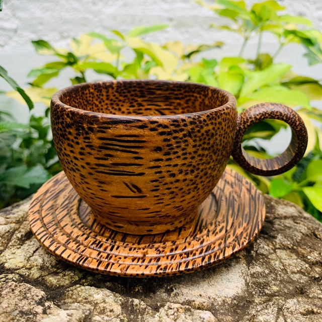 แก้วกาแฟ พร้อมถาดรอง ทำจากไม้ตาล (ขนาด M 9x6 ซม.)