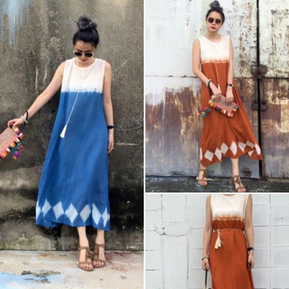 Tie-dye maxidress เดรสมัดย้อมแขนกุดทรงปล่อย ชุดมัดย้อม เดรสไปทะเล ชุดไปทะเล เดรสสีส้มอิฐ เดรสผ้าฝ้าย เดรสมัดย้อม เดรสยาว