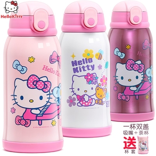 Hello Kitty กระติกน้ำร้อนสำหรับเด็กถ้วยฟางเด็กความจุขนาดใหญ่นักเรียนกันรั่วสแตนเลสแบบพกพาถ้วยน้ำหม้อ