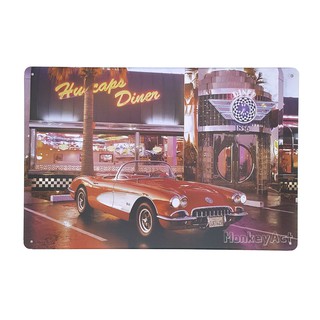 ป้ายสังกะสีวินเทจ Hubcaps Diner with Chevrolet Corvette