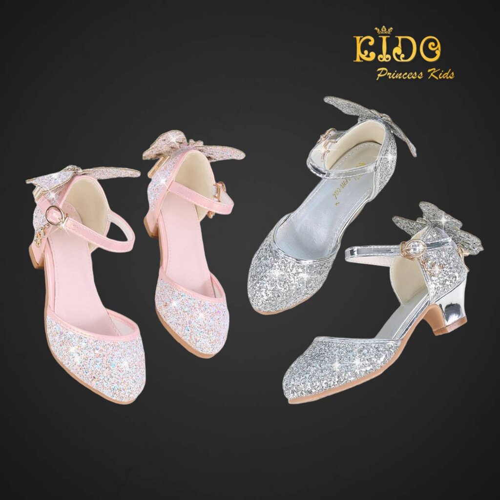 Kidoprincesskids รองเท้าเด็กออกงาน (ร้านอยู่รัชดา)รองเท้าเด็กs H011 สีชมพู สีเงิน เพชรระยิบระยับ ผีเสื้อด้านหลังสุดเก...