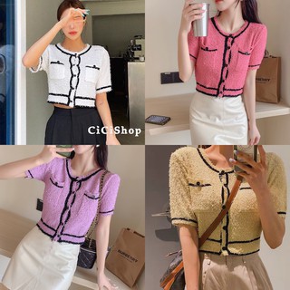 Cicishop(C2397)เสื้อไหมพรมแขนสั้นดีเทลกระเป๋าตรงอก ผ้ามีเทกเจอร์ขนๆ งานเป๊ะสวยมากก