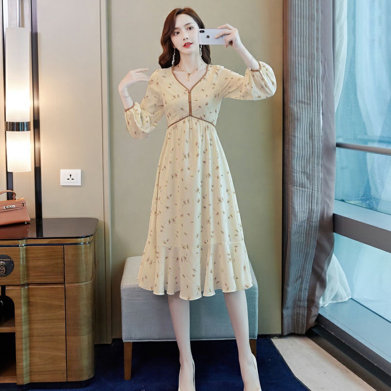 2021 autumn new popular floral dress Womens Korean Style Elegant V-Neck ...