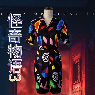 Newest Stranger Things Eleven Goes to Mall Dress Cosplay Jumpsuit Swirl Printed Belted Romper The Mall Rats Girls Women Outfit Suit