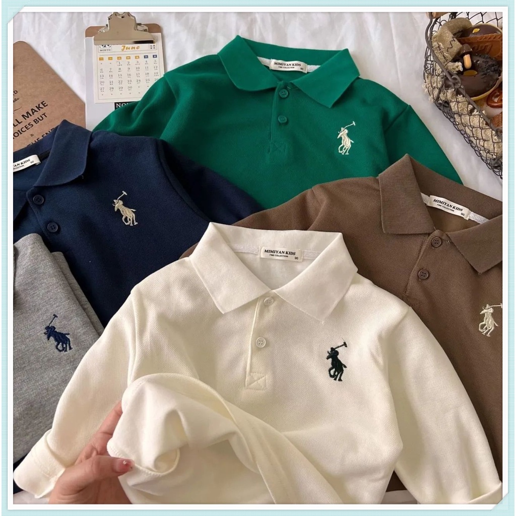 เสื้อโปโลเด็กฤดูใบไม้ผลิและฤดูใบไม้ร่วง เสื้อสเวตเตอร์เด็กปักลายพื้นสีทึบสไตล์ต่างประเทศ / เสื้อยืดคอปกแขนยาวแฟชั่น