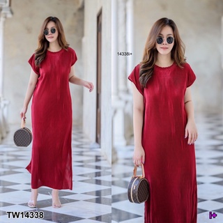 TW14338 Maxi Dress #สาวอวบ เดรสยาวอัดพลีท ไหล่ล้ำ คอกลม ตัวยาวผ่าข้าง ทรงชิคๆสบายๆ เนื้อผ้าอัดพลีทขึ้นเงา อัดพลีทแน่น