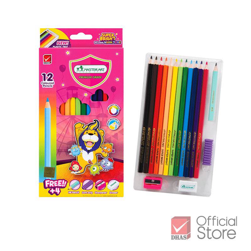 Master Art สีไม้ ซุปเปอร์ไบรท์ ดินสอสี แท่งยาว 12 สี (จำนวน 1 กล่อง) FREE! ของแถม+4ภายในกล่อง⚡