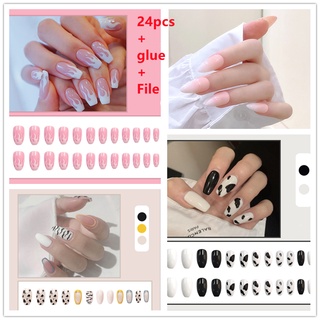 เล็บปลอม แบบสวมนิ้ว สไตล์ฝรั่งเศส และอเมริกา และยุโรป 24 ชิ้น DIY