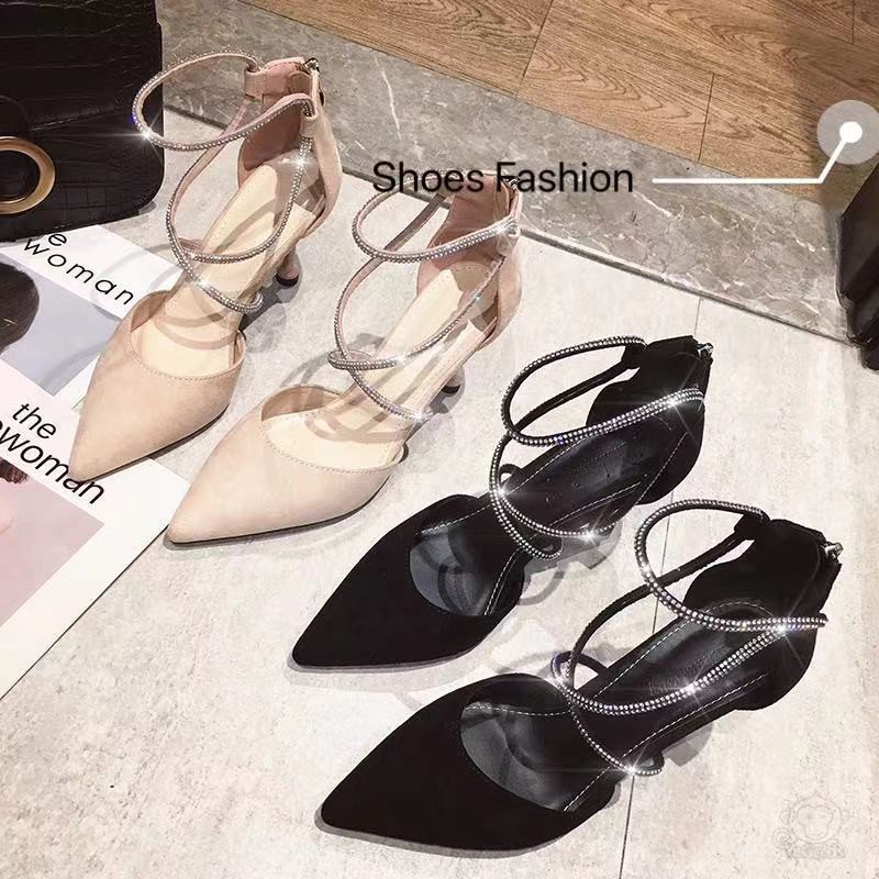 พร้อมส่ง TX194 รองเท้าส้นสูงหัวเเหลม สูง2.5-3นิ้ว รองเท้าส้นสูงสุดเก๋ ดีไซน์สายรัดตกแต่งด้วยเพชรสุดเรียบหรู