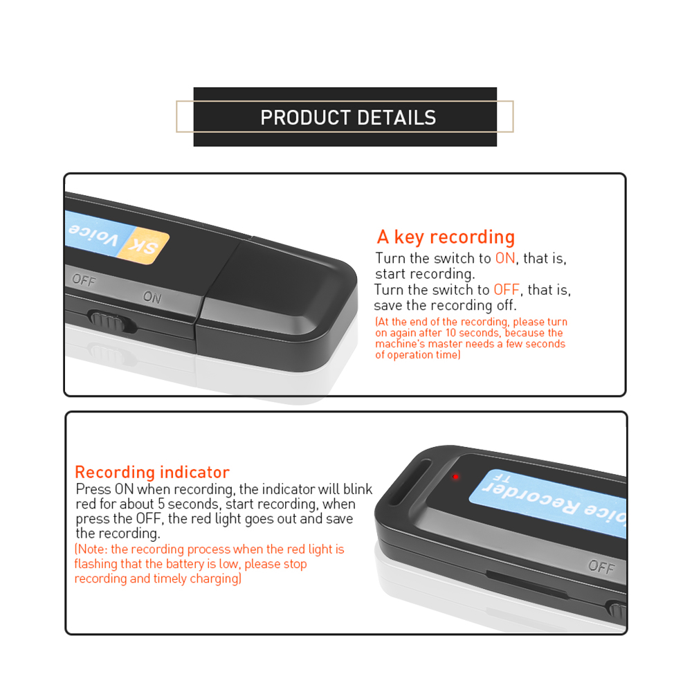 16GB/32GB/64GB แบบพกพา USB เครื่องบันทึกเสียงดิจิตอล Professional Mini Dictaphone Powered Recorder - รูปที่ 3