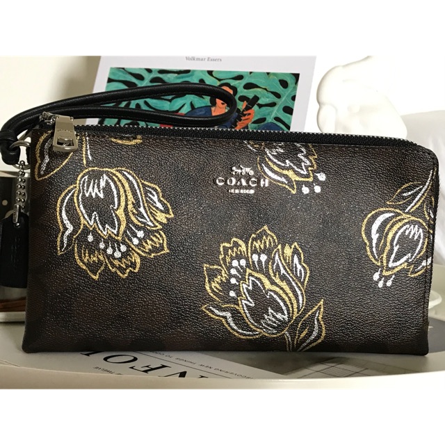 📌💯New📌กระเป๋าคล้องมือ Coach 2 zip L Signature Tulip Print Double Zip Wristlet Chestnut Metallic(F780