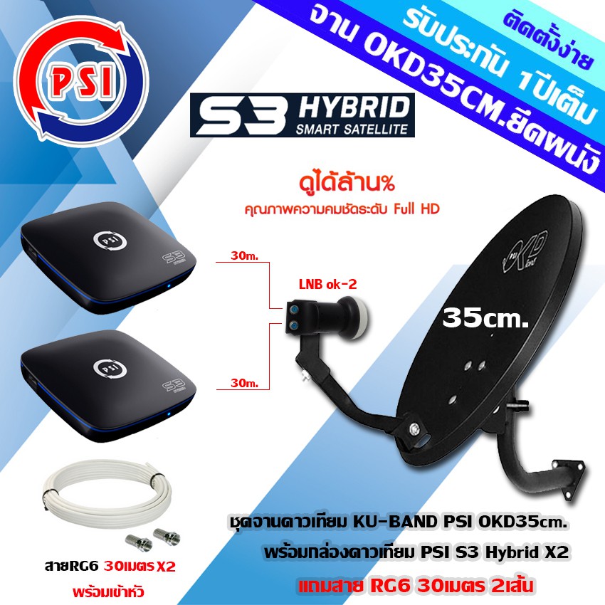 ชุดจานดาวเทียม PSI OKD 35CM.+หัว LNB UNIVERSAL PSI OK-2+กล่อง PSI S3 Hybrid x2 พร้อมสายRG6 ยาว30เมตร