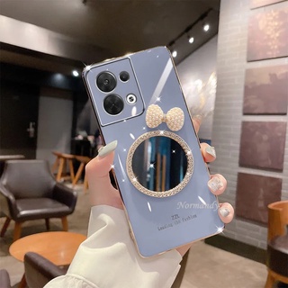 Ready Stock เคสโทรศัพท์ Casing OPPO Reno8 Pro 5G Reno7 Z 7 Pro Oppo A77 A57 4G 5G 2022 New Plating Handphone Case Girl Style Fashion Flash Drill Bow Tie Makeup Mirror Cover Shockproof Softcase เคส