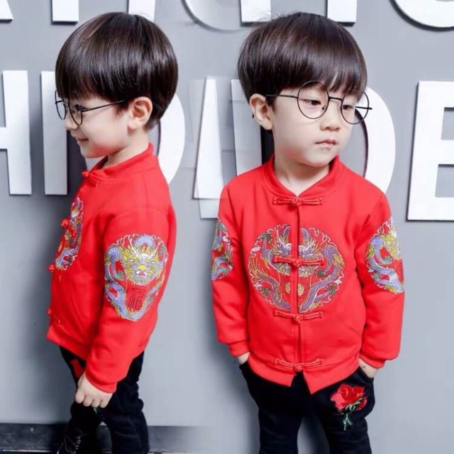 ชุดตรุษจีนเด็ก เสื้อคอจีนแขนยาว ลายมังกร + กางเกงปักดอกไม้