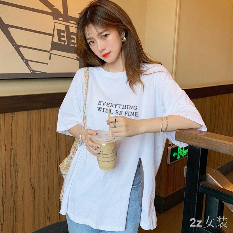 ผ้าฝ้ายแท้ สีขาว ผ่าข้าง t- เสื้อผู้หญิง ความยาวปานกลาง ลำลอง แขนสั้น 2024 ฤดูร้อน ใหม่ ins slim top