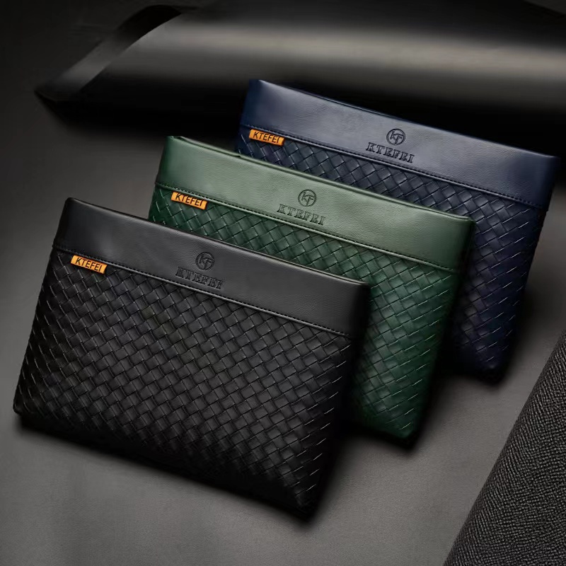 กระเป๋าถือ กระเป๋าคลัทช์ หนัง PU แบบถัก อเนกประสงค์ จุของได้เยอะ สไตล์นักธุรกิจ แฟชั่นสําหรับผู้ชาย