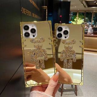 Xiaomi Redmi 10C Redmi 6A K50 K40S Redmi 9 9A 9C K30 8 8A 7A Square Fashion Mirror Storm Bear Gold Mirror Rhinestone Phone Case