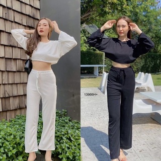 👗Pfashion [ส่งไว!!🚛] P13966 Set 2 ชิ้น เสื้อครอปแขนยาว + กางเกงขายาว Set of 2 pieces, long sleeve crop top + p