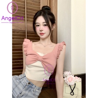 Angelcity ※ เสื้อกั๊กสั้น ประดับโบว์ สีชมพู แฟชั่นฤดูร้อน สําหรับผู้หญิง สองชิ้น