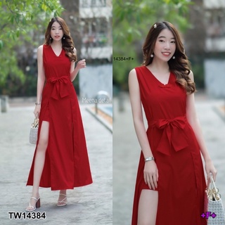 ME14384 Jumpsuit จั๊มสูทขาสั้น คอวีแขนกุด ติดกระดุมจีนด้านหน้า ดีเทลแต่งผ่ายาวผ่าด้านหน้า ขาสั้นด้านใน มีซิปซ่อนด้านหลัง