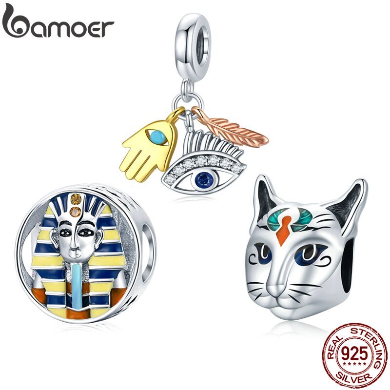 Bamoer Sterling Silver 925 Charm Ancient Egypt Pharaoh Series Cat God Bastet Gold Enamel Design for 